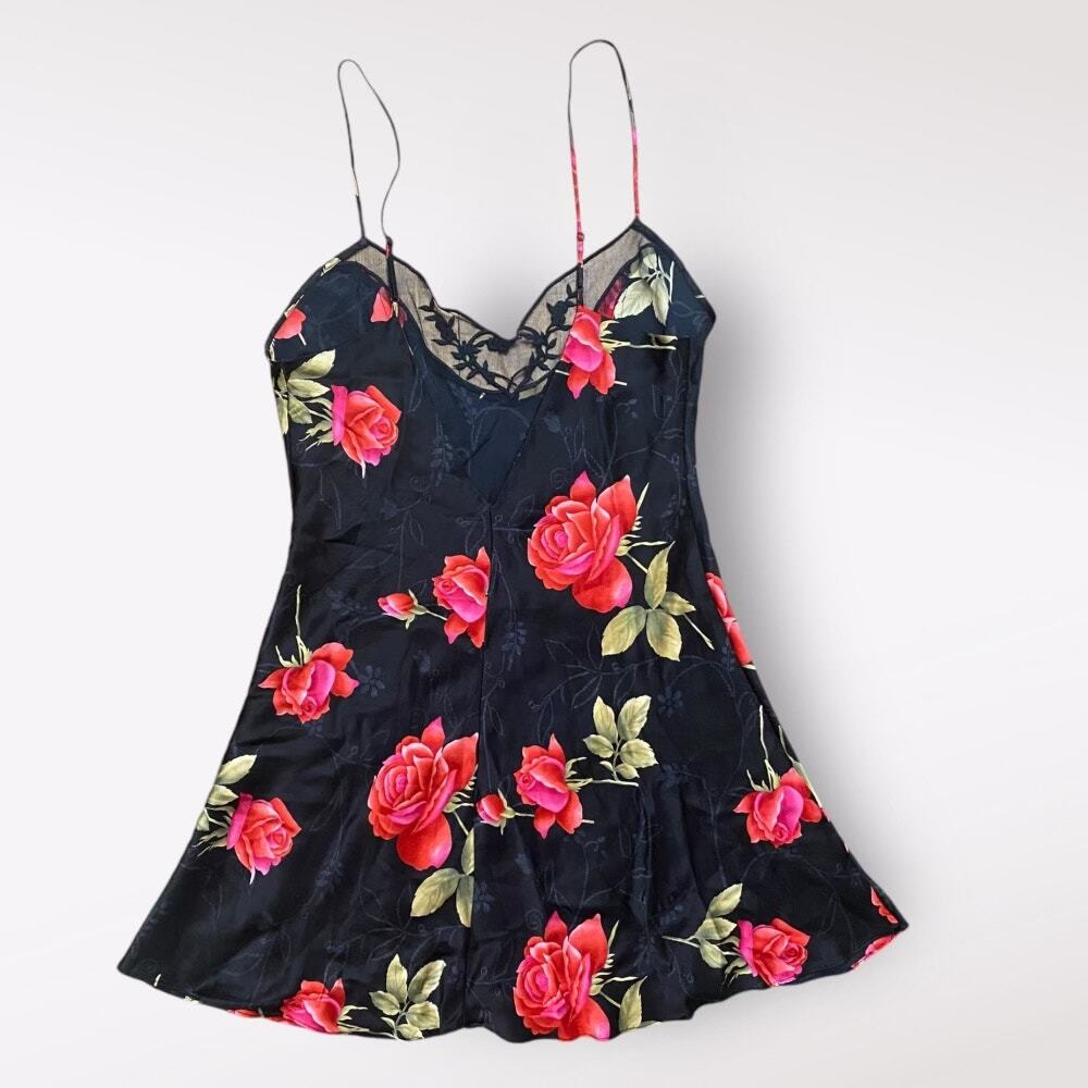 Victorias Secret Vintage Silk Floral Lace‎ Slip Mini Dress Size Large Black 90s - Picture 6 of 9